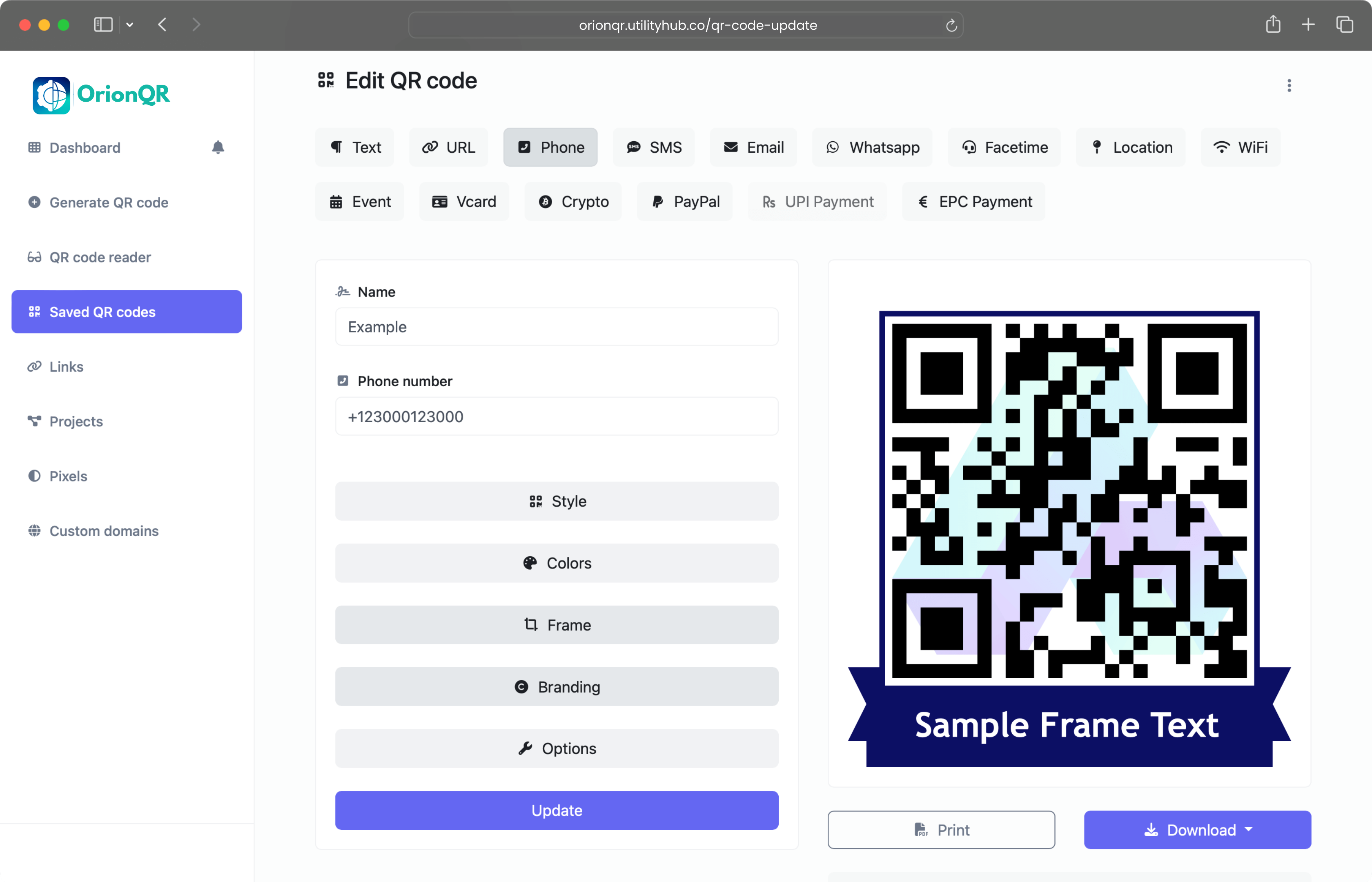 Screenshot of the QR code generator page